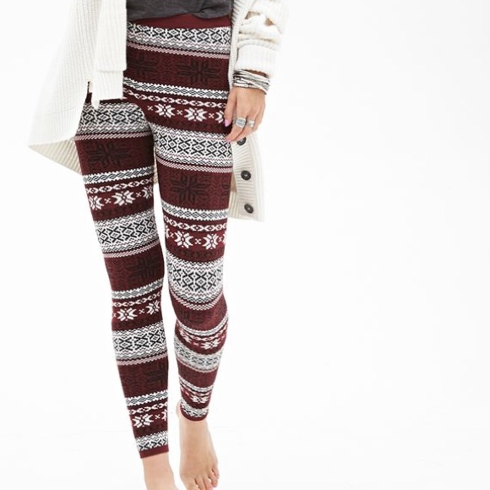 Burgundy Snowflake Thick Winter Leggings